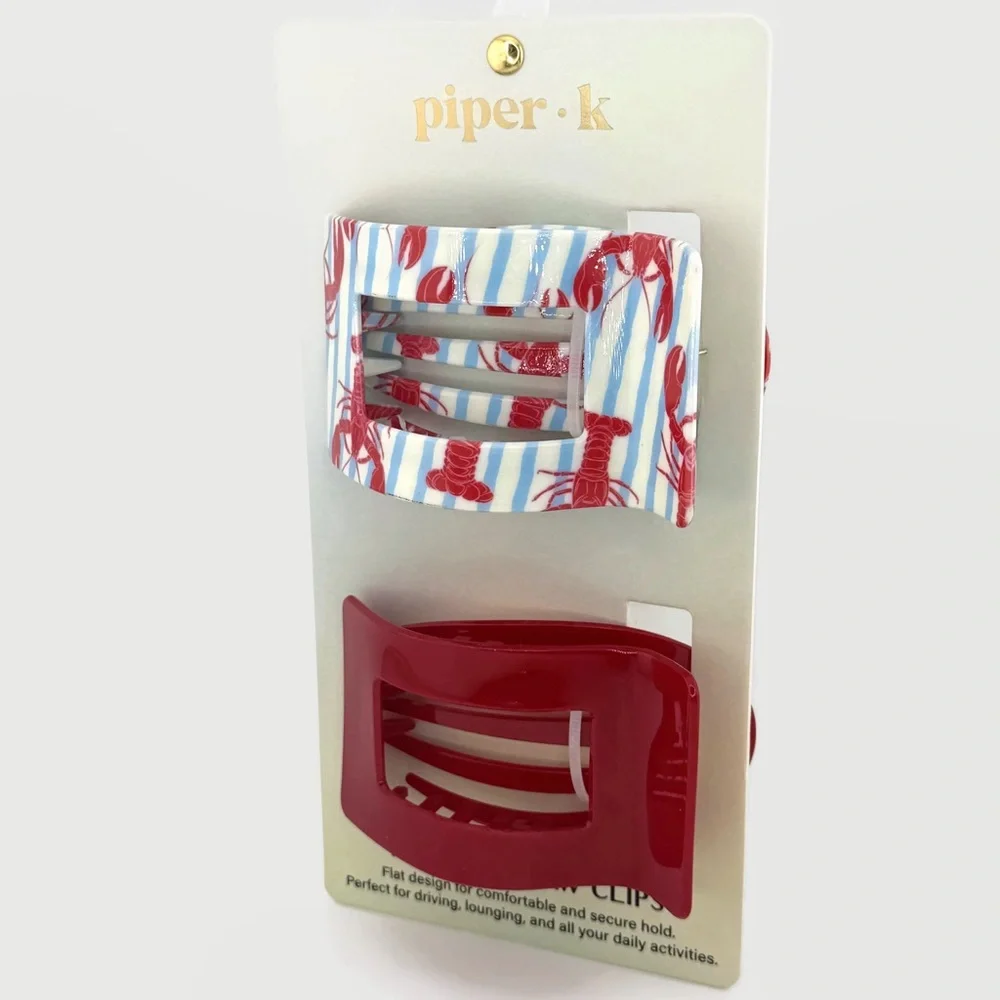 Piper K Lobster Flat Lay Hair Claw Clips Set of 2 Red White Blue